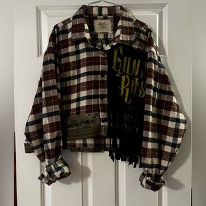 Plaid Flannel cropped button up with Guns N' Roses Patch
